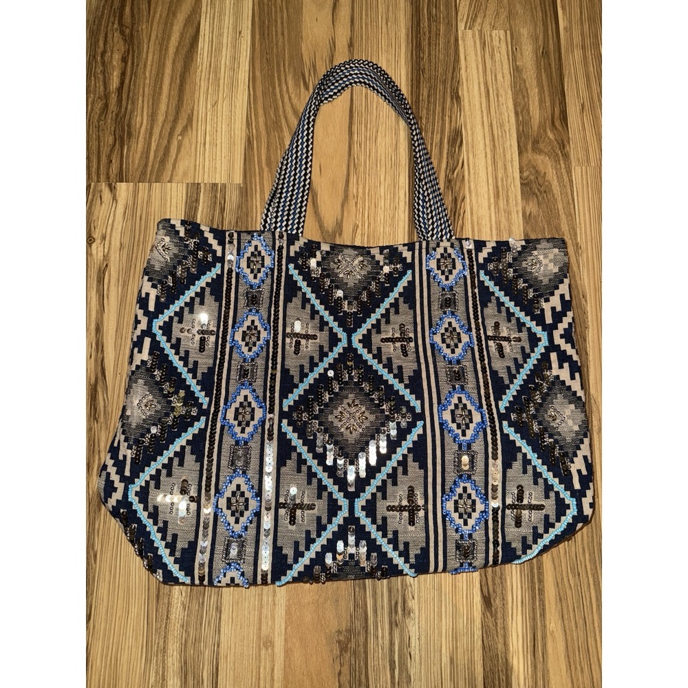 Stephanie Nicole Womens Anthropologie Southwestern‎ Tote Bag Large Blue Silver